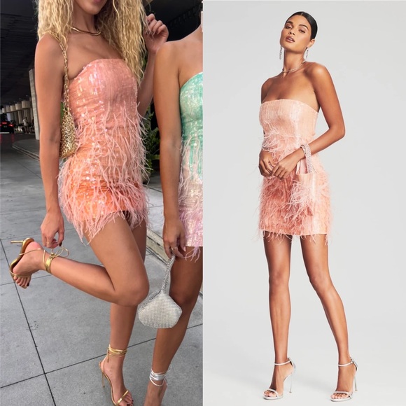 Retrofete Dresses & Skirts - NWOT Retrofete Anastasia Feather Sequin Strapless Mini Dress in Peach M